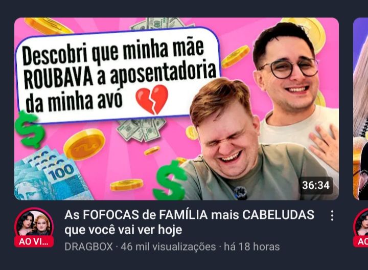 Print de thumb do vídeo "as fofocas de família mais cabeludas que você vai ver hoje" do canal dragbox. Na thumb tem um texto dizendo "descobri que minha mãe ROUBAVA a aposentadoria da minha avó" e ao lado as duas dragbox (desmontadas) tatá e olive estão rindo muito na foto.