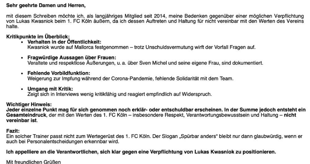 email an Vorstand, mit Kritik an Trainerkandidaten