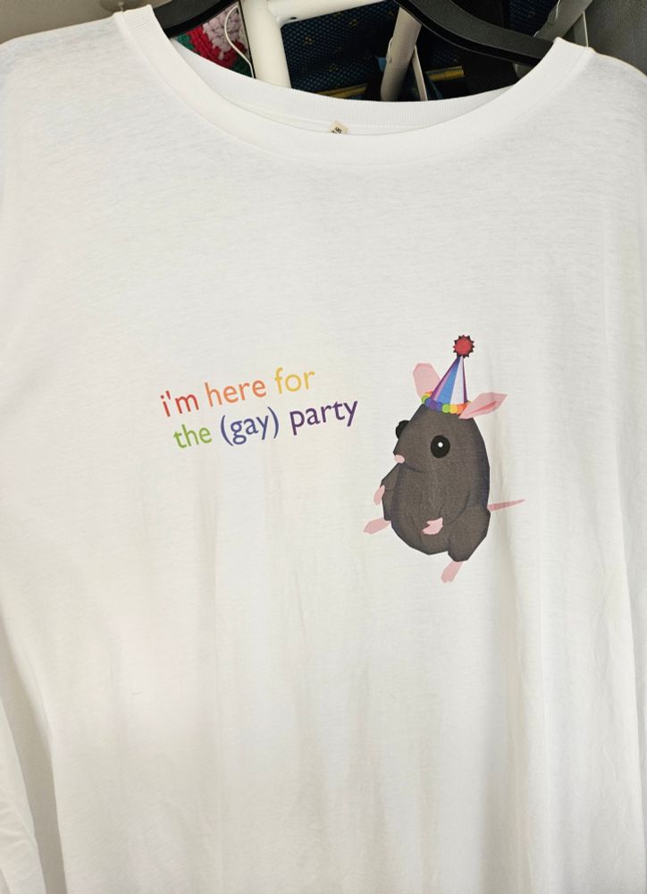 A white t-shirt with a fat, little 3d rendered rat wearing a party hat on it. Text next to the rat in rainbow letters reads "I'm here for the (gay) party"