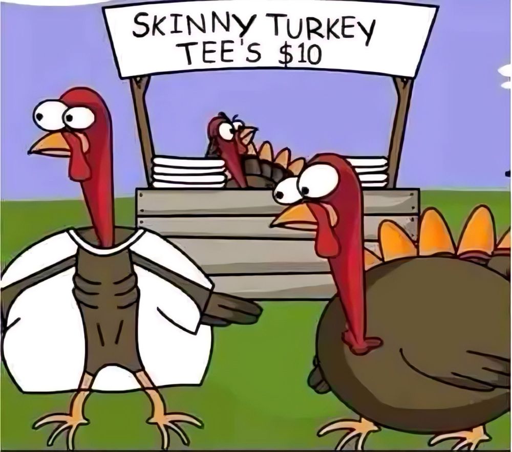 Cartoon drawing of a turkey wearing a "Skinny Turkey" T-shirt to avoid being chosen for Thanksgiving