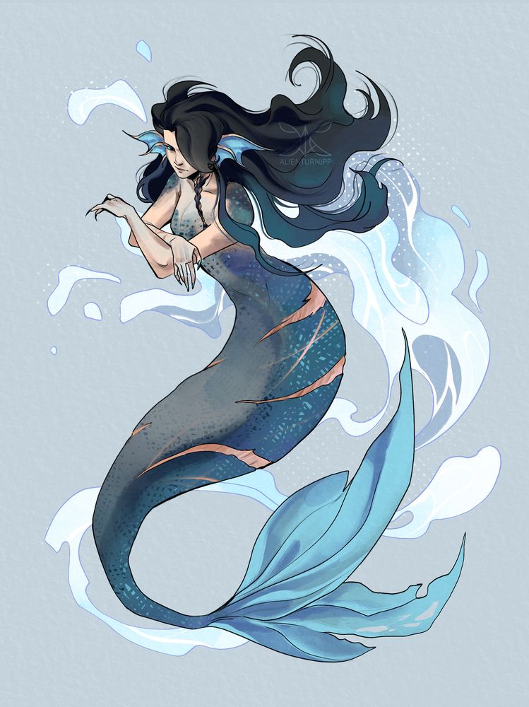 Digital portrait of a siren with deep blue scales and sky-blue fins, her long black hair float around her and obscuring half of her face. She is leaning forward with her arms crossed, looking sideway with a slight scowl. She has large, slashing scars all across her right forearms and tails.
