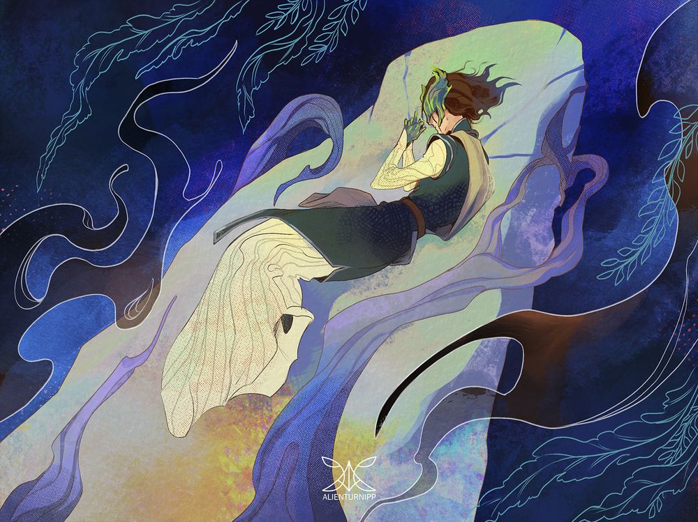 Painting of a Godlike sleeping on a rock slab covered in thick roots, atop an ethereal dark blue background. Above her are vines flowing with the winds. The Godlike sleeps peacefully on her side, her hands curling hear her head.