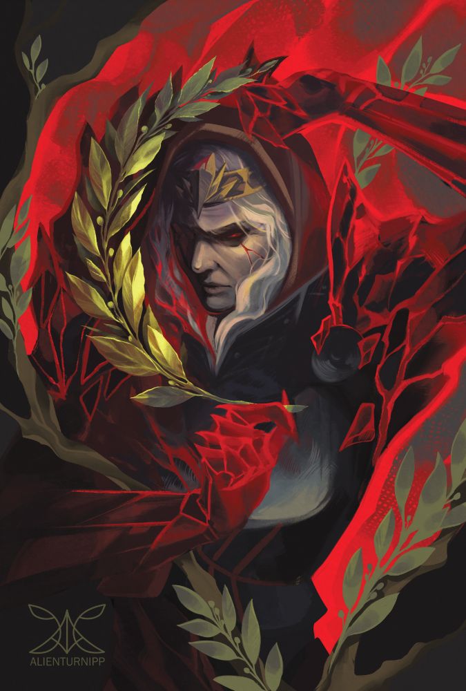 An abstract digital painting of the character Meredith Stannard from Dragon Age. Meredith is encased in a red lyrium crystal framed by gnarled branches, slightly bowing her head. She wears a solemn expression; her brows are furrowed and her left eye glows red. Her right eye is gone, covered with cracks. Red lyrium shards burgeon from her shoulders, her forearms, and her hands. Her right arm is raised overhead as she holds the tip of a golden laurel branch while her left arm extends in front of her, holding the stem of the laurel, bending the branch into an arc framing her face.