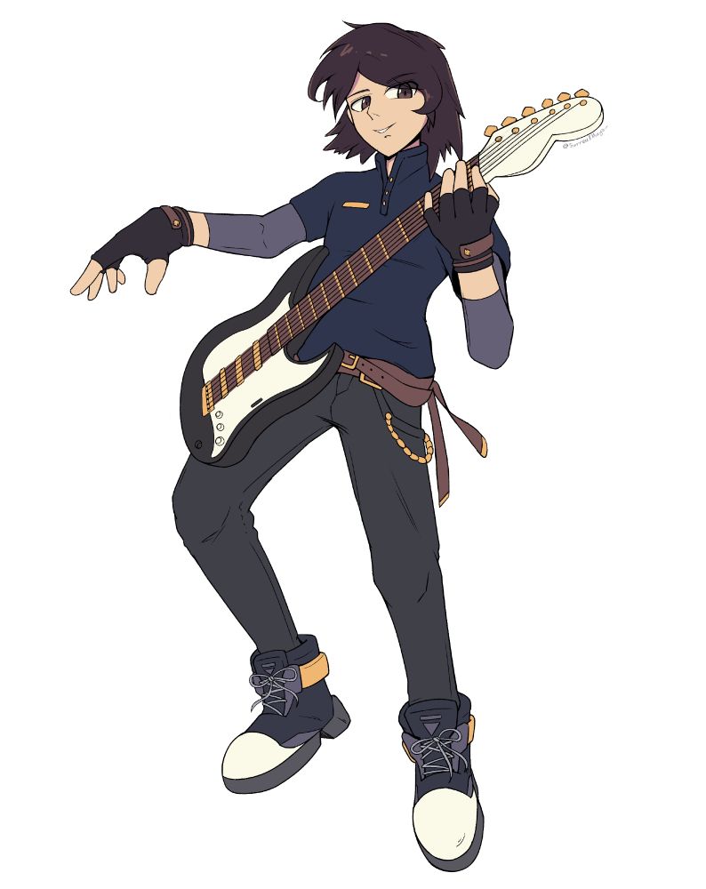 Art of David Stuart, main character of the book Butterfly on a Wheel by Emily Sinclair, commissioned from SurrealMayo. David is a young trans man with bobbed black hair, brown eyes, and a light complexion. He wears a dark blue shirt with three-quarter-length sleeves, black jeans, fingerless gloves, and hiking boots. He plays a six-string Fender bass guitar, also black.
