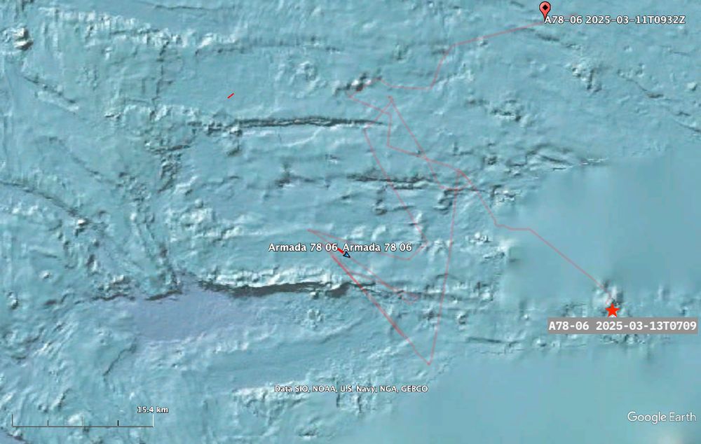 Area of Indian Ocean seafloor approx 64km east-west, 36km north-south centred around latitude S36.4º, longitude E92.0º.
Vessel track depicted as red line. Vessel manoeuvring to launch and conduct navigation checks with AUVs operating just above seafloor.