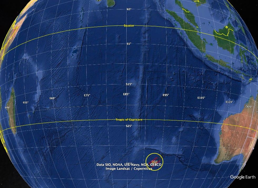 Full view of Indian Ocean indicating the search area, circled.