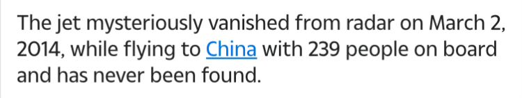 The super soaraway Sun incorrectly states ‘The jet mysteriously vanished from radar on March 2, 2014, while flying to China with 239 people on board and has never been found.’