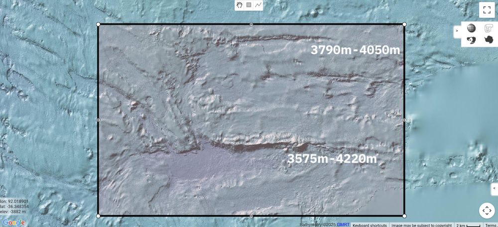 Image of Indian Ocean seafloor centred around S36.4º E92.0º, the view extent is approx 60km E-W x 36km N-S. Bathymetry, that is the seafloor topology, is show by shading. This detailed seafloor imagery exposes canyons and escarpments across which depths vary by as much as 625m.
The detailed bathymetry data was acquired during an MBES survey conducted in H2, 2014. Lateral resolution is in the order of 30m-50m (depth dependent).