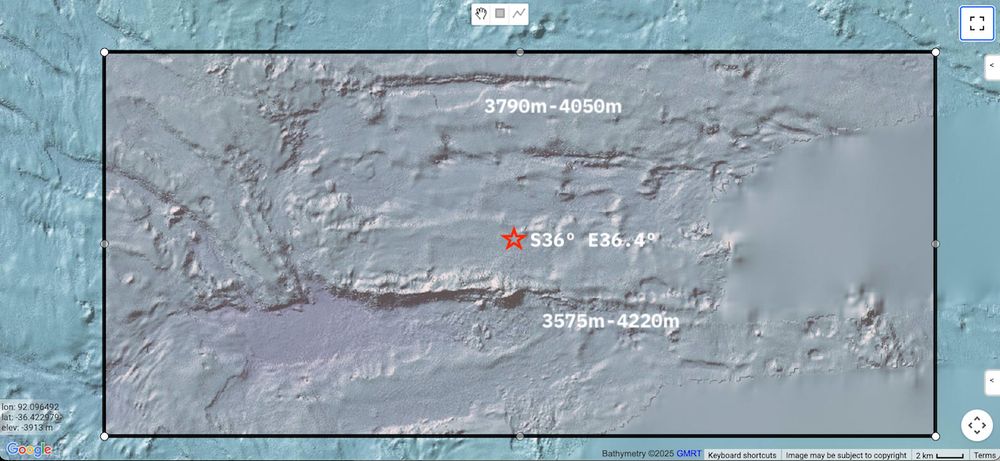 This image depicts seafloor bathymetry (depth), compiled from GEBCO sources, showing mix of 30-50m resolution detail &, to right/east side, the low resolution 'blur' derived from SRTM.
The canyons & escarpments present a challenge to acquisition of side scan sonar imagery. An AUV will tend to navigate away from obstacles while it can be 'tended' with navigation assistance from the vessel to work difficult areas.