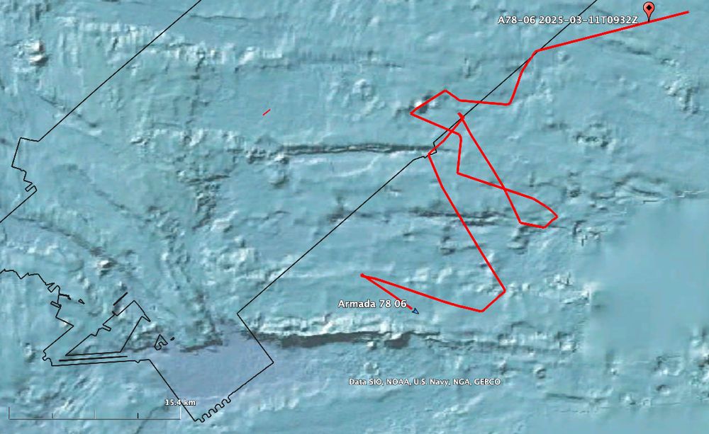 Image of Indian Ocean centred around S36.4º E92.0º, the view extent is approx 60km E-W x 36km N-S. Bathymetry, the seafloor topology, is show by shading. Past 24hrs track for Ocean Infinity's vessel, Armada 78 06, is illustrated - its approaches to the seafloor features are apparent. Autonomous Underwater Vehicles equipped with side scan sonar are launched to conduct image acquisition of the seafloor.