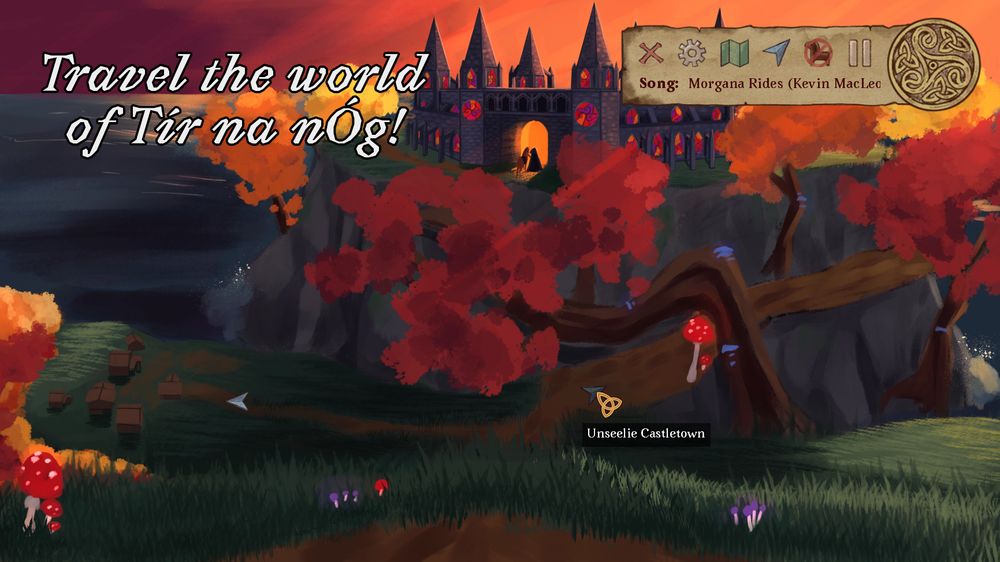 A screenshot of the in-game map feature, featuring arrows pointing toward an imposing castle and a small village. In the top right, the mini menu is open, showing the exit button, the settings button, the return to map button, the toggle navigation button, the toggle horsing-around button, and a pause/play button. The song title that plays in each environment is also listed.

Captioned: "Travel the world of Tír na nÓg!"