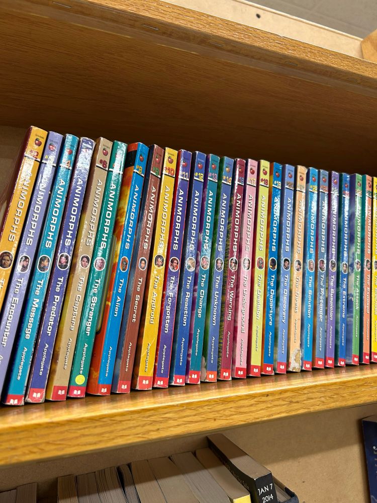 A series of Animorphs books on a wooden shelf