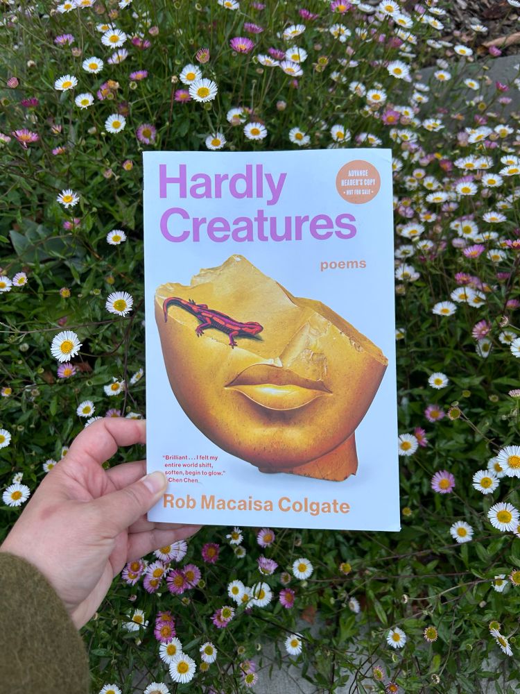 The book Hardly Creatures by Rob Colgate is picked in front of a bush of white and pink flowers. The cover has a broken statue of a face, with a red salamander crawling across it. 