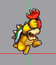 A sprite for Bowser that went unused in Bowser's Inside Story, depicting bowser holding his left arm above his head and clutching it with his right arm. His left arm is red from pain.