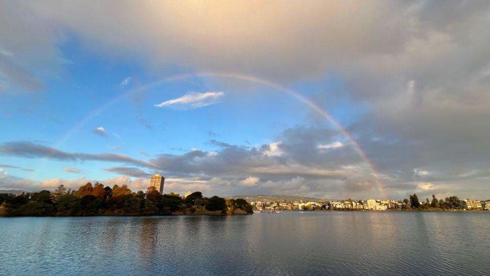 Full rainbow over Lake Merritt in Oakland California 