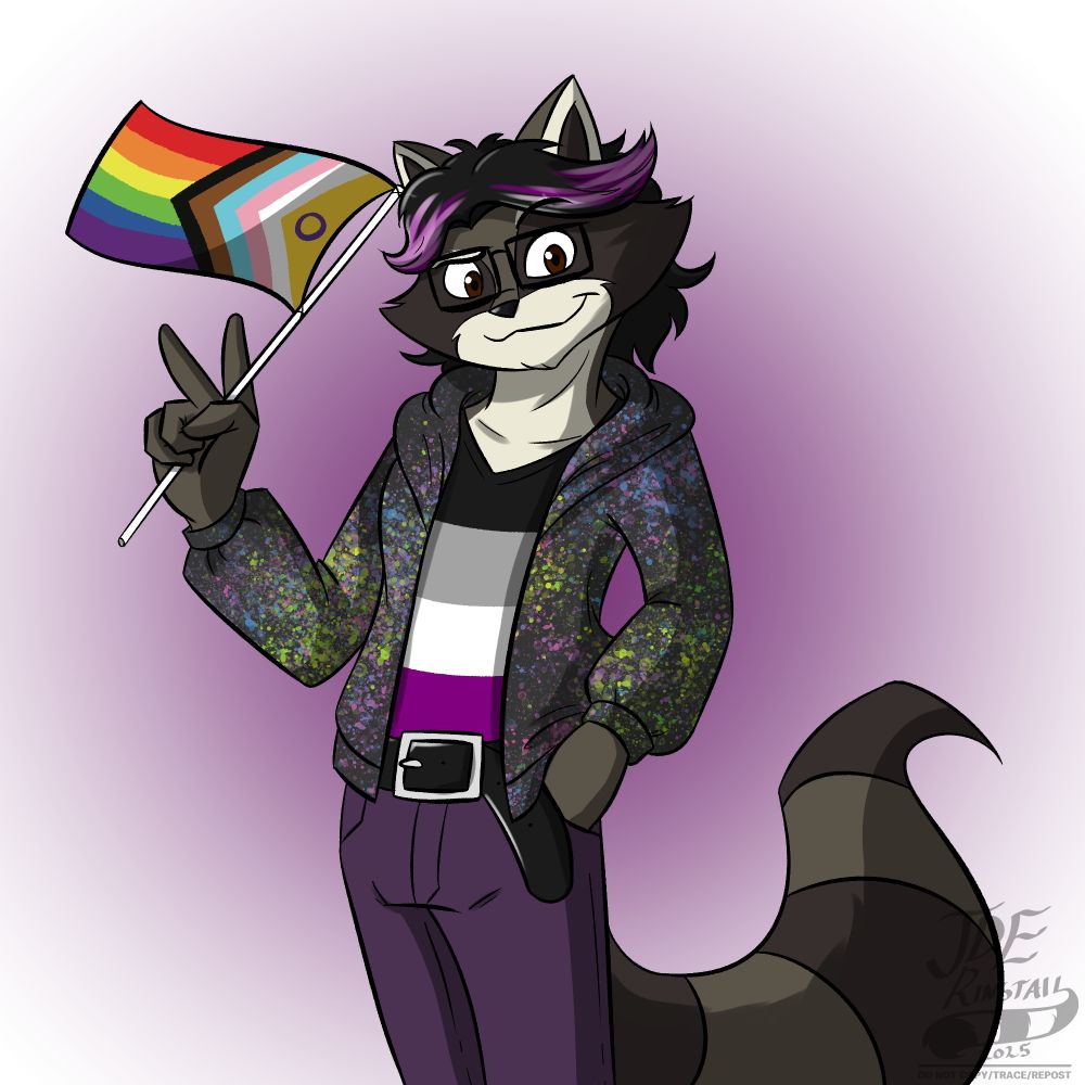 JDE Raccoon, holding a Pride flag with a peace sign, while wearing the colors of Asexual Pride in his shirt.