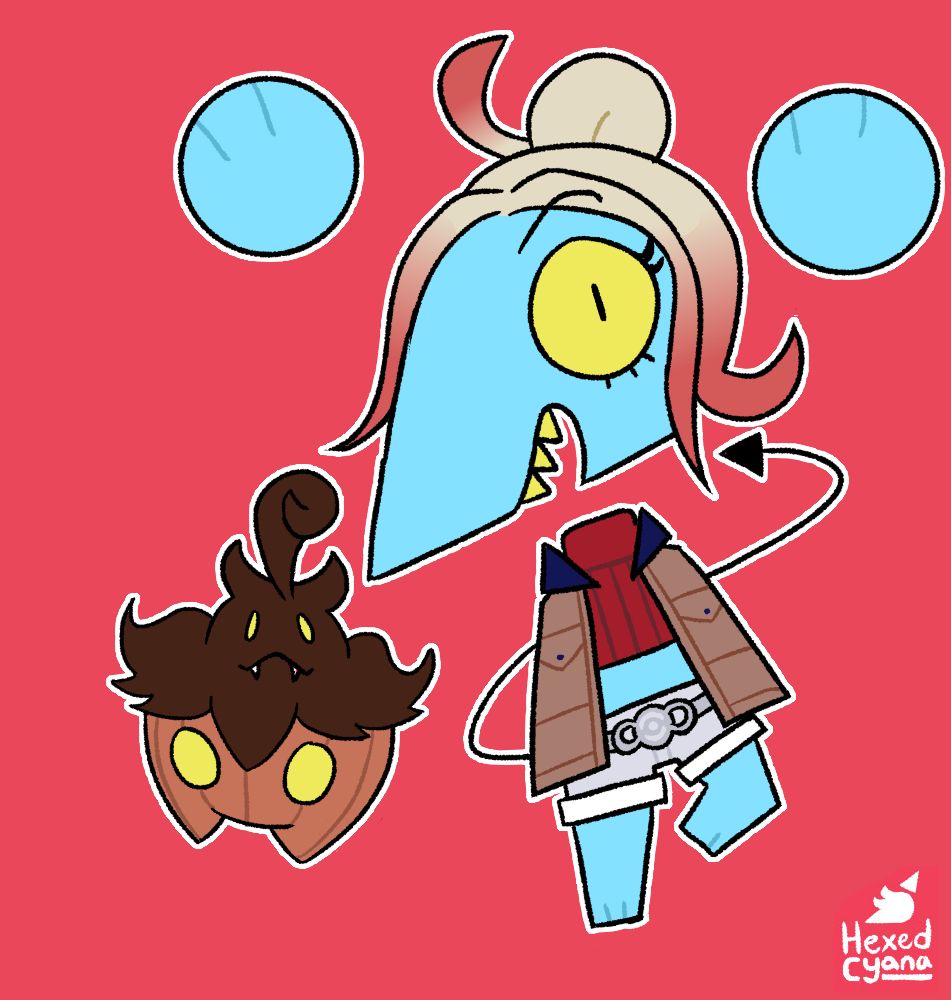 HexedCyana's character Cyana dressed as Taunie from Pokemon Legends Z-A standing next to the pokemon Pumpkaboo