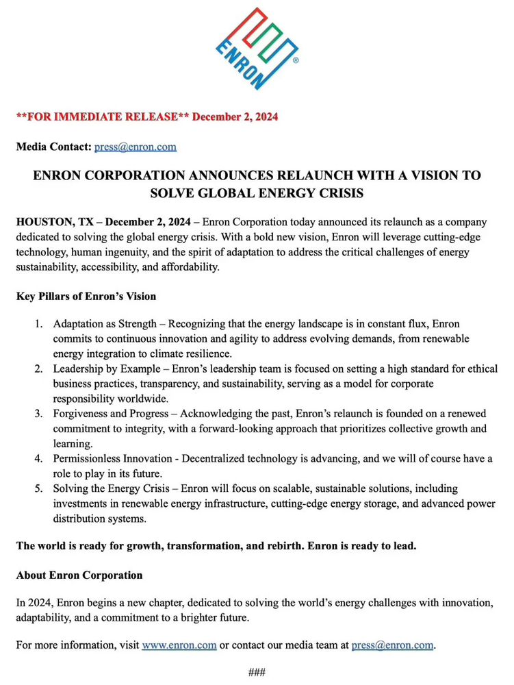 Enron “re-launch” announcement (released 2 December 2024)