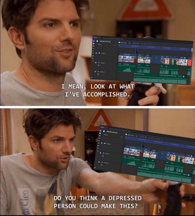 two frames from parks and recreation where ben shows off a stop motion doll from a short he made while off work and depressed. there is a video editing timeline placed on top of the doll in both frames.

frame 1: "i mean, look at what i've accomplished."
frame 2: "do you think a depressed person could make this?"