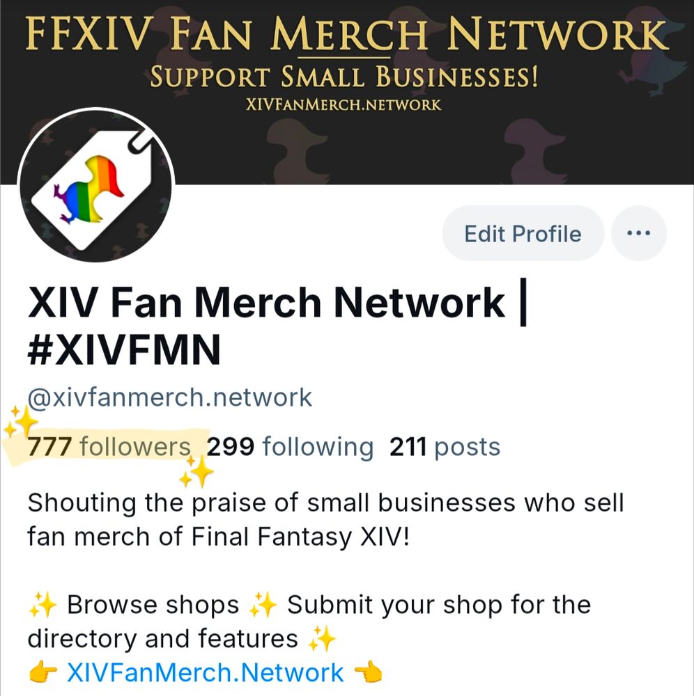 A screenshot of the XIV Fan Merch Network bluesky profile, highlighting that they just hit 777 followers!