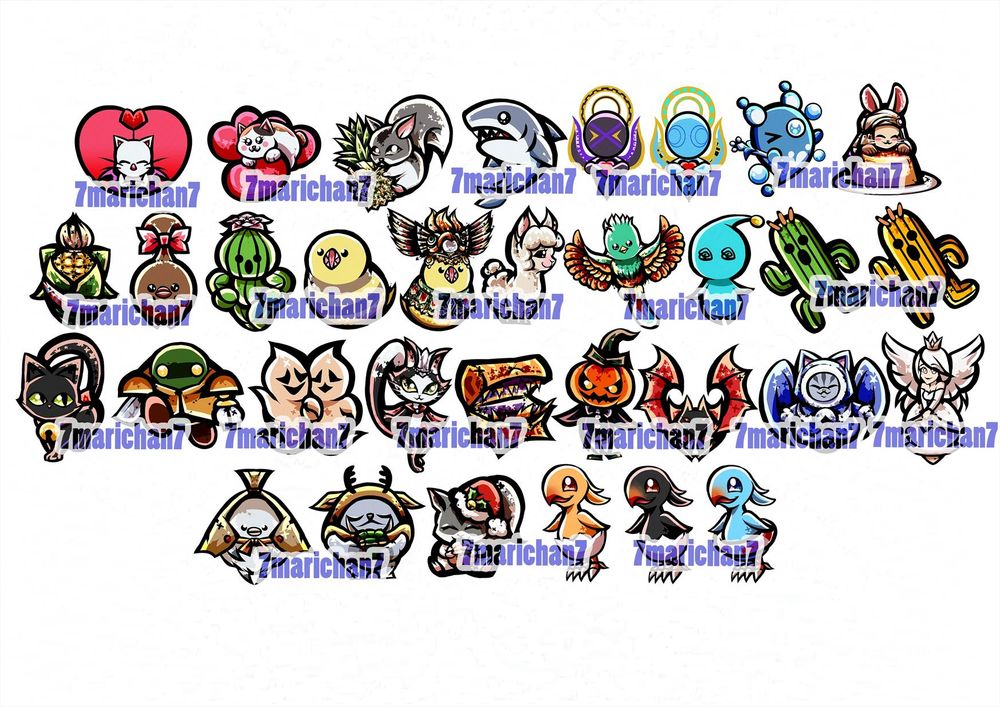 A graphic showing a range of art featuring minions from FFXIV, including moogle, fatcats, nutkin, major general, zodiark, hydaelyn, drippy, puddingway, cornservant, chocopokkur, barreltender, great serpent of ronka, alpaca, pupu, cactuar, golden cactuar, black coeurl kitten, tonberry, ghosts, cait sith, mimic, pumpkin butler, vampire bat, yukiniko, yeti, and chocobo chicks.