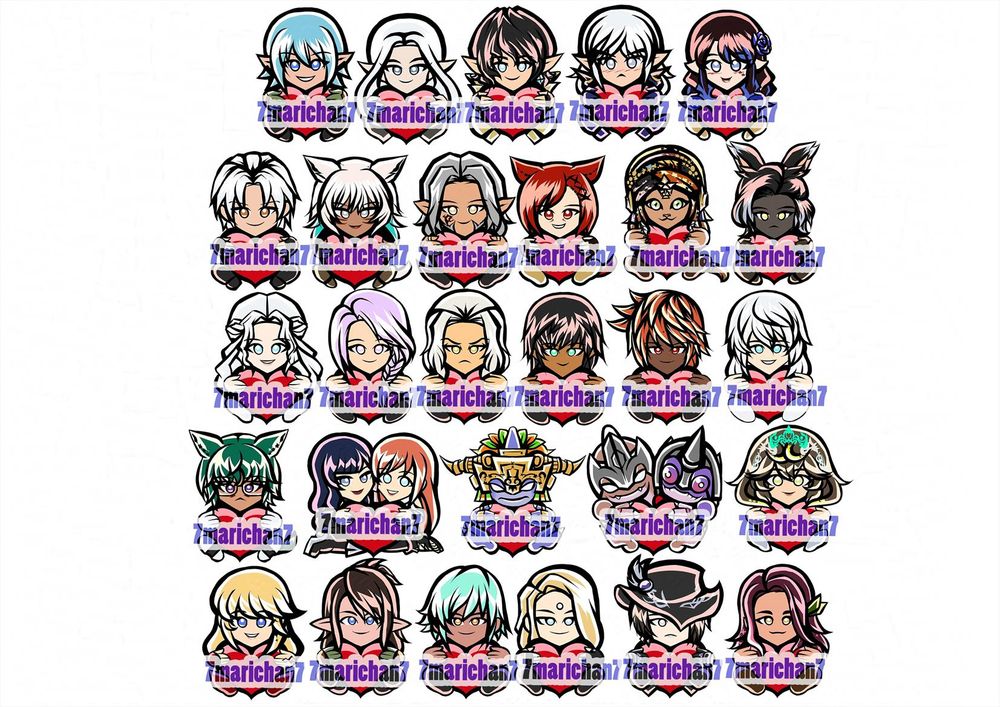 A graphic showing a series of mini hearty pins, featuring a wide array of NPCs holding red hearts. The NPCs include Haurchefant, Ysale, Aymeric, Estinien, her very own WoL Stellaris, Thancred, Y'shtola, Urianger, G'raha, Wuk Lamat, Erinvelle, Venat, Hythlodaeus, Hades, Hermes, Erichthonios, Themis, Koana, Rhyne and Gaia, Zoraal Ja, Bakool Jaja, Sphene, Lyse, Emmanelain, Sicard, Zenos, Zero, and Deryk
