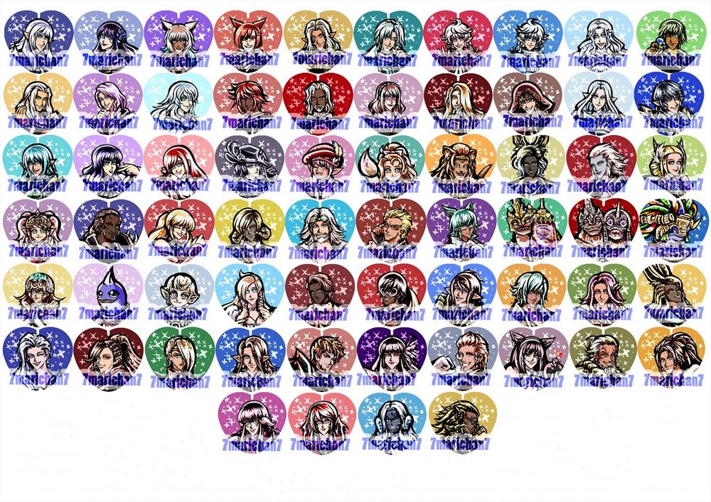A graphic showing a LARGE array of NPCs featured on heart badges. Please trust me, 7marichan7 is amazing about offering lots of merch for LOTS of NPCs, so if you're looking for a specific NPC, you'll probably find something with her, so take a look! She even has Gulool Ja! Theses are so colorful and sparkly. 