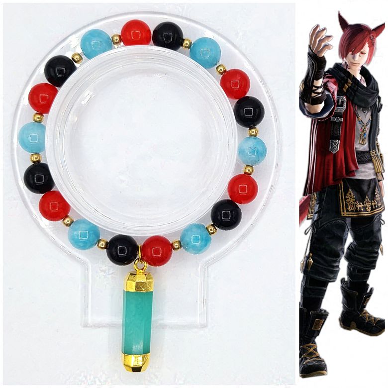 A bracelet of round beads made of Larimar Chalcedony (dyed, unofficial name), Red Chalcedony (dyed), Obsidian, and one crystal-shaped charm, inspired by G'raha Tia.