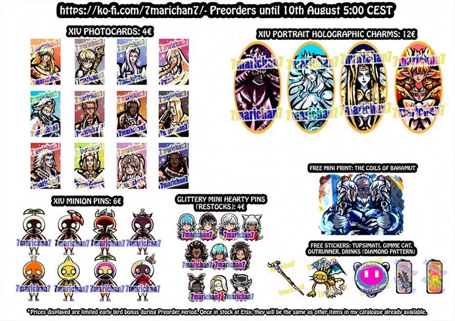 A graphic showcasing a wide array of merch open for preorder! The style of this merch is very visually bold and colorful, with strong outlines! The types of merch include Photocards of select NPCs, XIV Portrait holographic charms, XIV minion pins of the Mandragora court minions, Glittery mini hearty pins of select NPCs. There is also an offer for a free print of Alphinaud and Alisae hugging Loisoix, and free stickers including Loiusoix's cane, a golden Gimme cat, an outrunner, a gimmecat-branded energy drink, and a brute bromber energy drink.