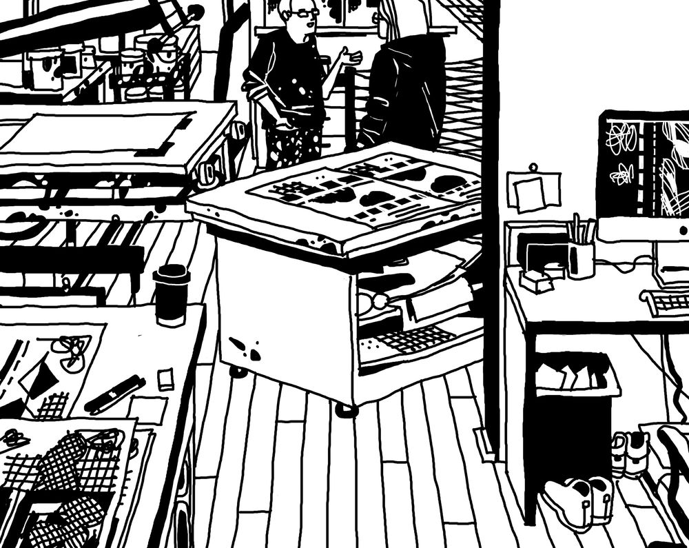 Gary and Amy at the Gary Lichtenstein Editions silkscreen printing shop, North Adams, Massachusetts, this afternoon. (Apple Pencil drawing.)