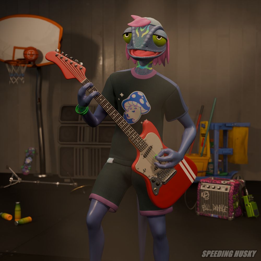 A 3D rendered scene of Ziggy, an anthro chameleon from Fortnite.

Ziggy is playing a red left-handed guitar. The guitar model used is "SC Electric" red variant, but a couple of white stripes are added near the top-right of the guitar's body.

The background, lighting, and fog is roughly based on Nirvana's "Smells Like Teen Spirit" music video. In the background, there is mainly a basketball hoop, some speakers/amplifiers, a janitorial cleaning cart.

-----
Other tags: Fortnite Festival Ziggy chameleon male guitar Blender 3d anthro furry scalie
