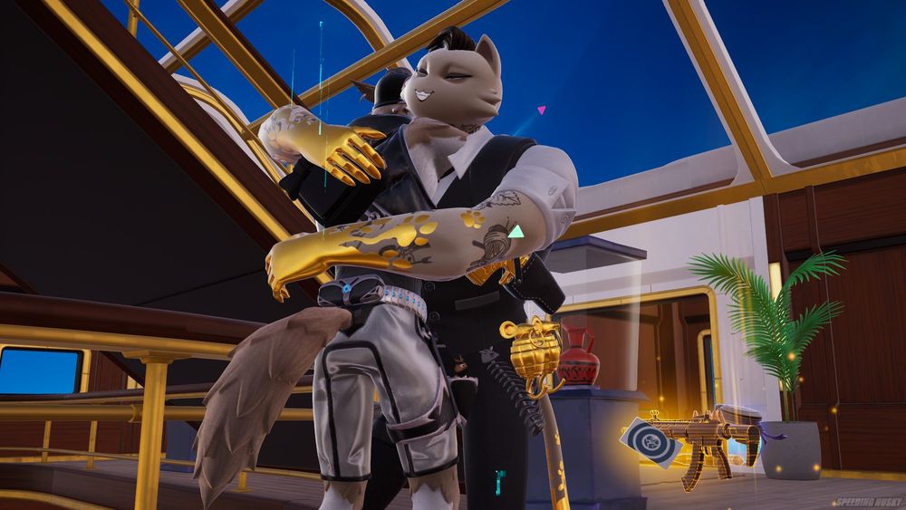 An in-game screenshot taken from Fortnite, showing Wendell and Meowdas hugging each other. Every photo in this post is from the same moment, but this camera angle is zoomed out and facing Wendell's back.