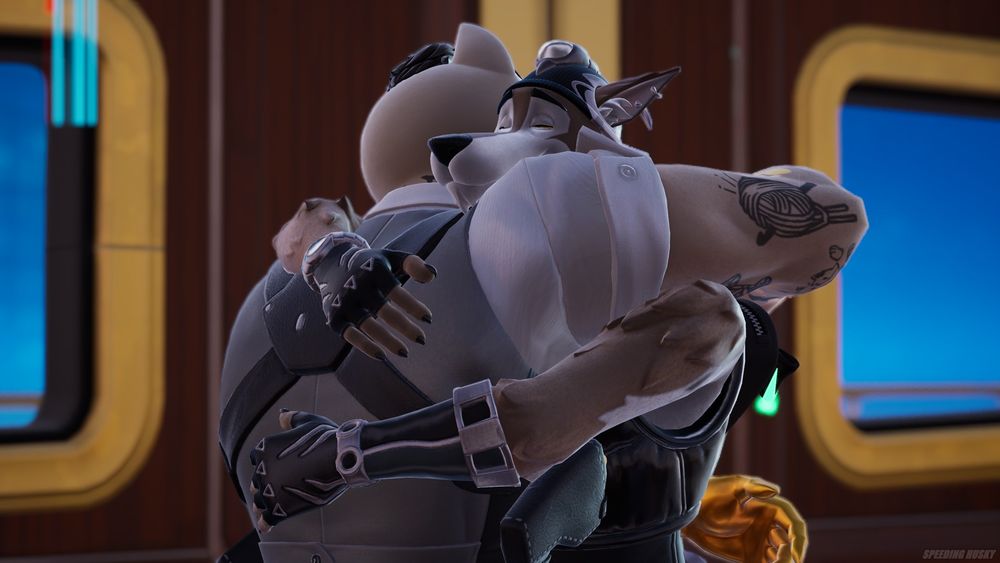 An in-game screenshot taken from Fortnite, showing Wendell and Meowdas hugging each other. Every photo in this post is from the same moment, but this camera angle is zoomed in closer to Wendell's face.