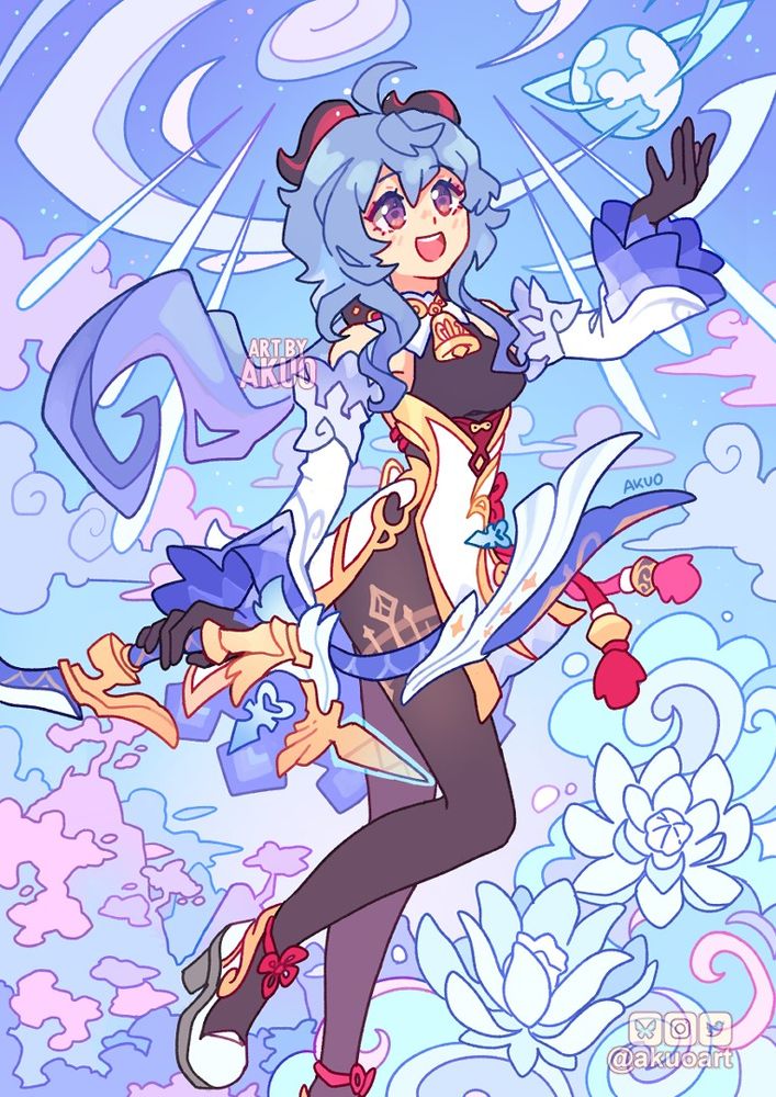 Illustration of the character Ganyu from the video game Genshin Impact. This illustration was made as one of the cards of the tarot deck that I made. The illustration shows the character with his bow (Bow of Amos) while he is using his burst and elemental ability. The whole palette makes illusion to the ice element, that's why the tones chosen mainly for the background, so that it engages chromatically with the character.