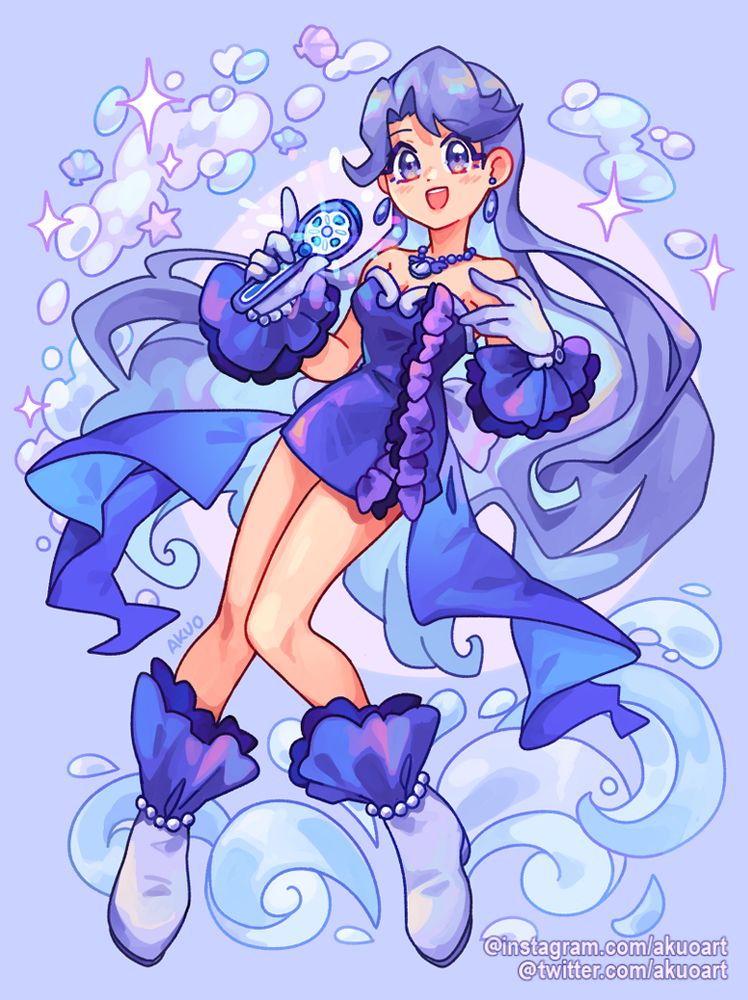 Fanart of the character Noel from Mermaid Melody Pichi Pichi Pitch singing with a smile. She is the mermaid princess of the Arctic Ocean, who can transform into a human to fight her enemies with her songs. The whole drawing is in shades of indigo as it is her signature color.