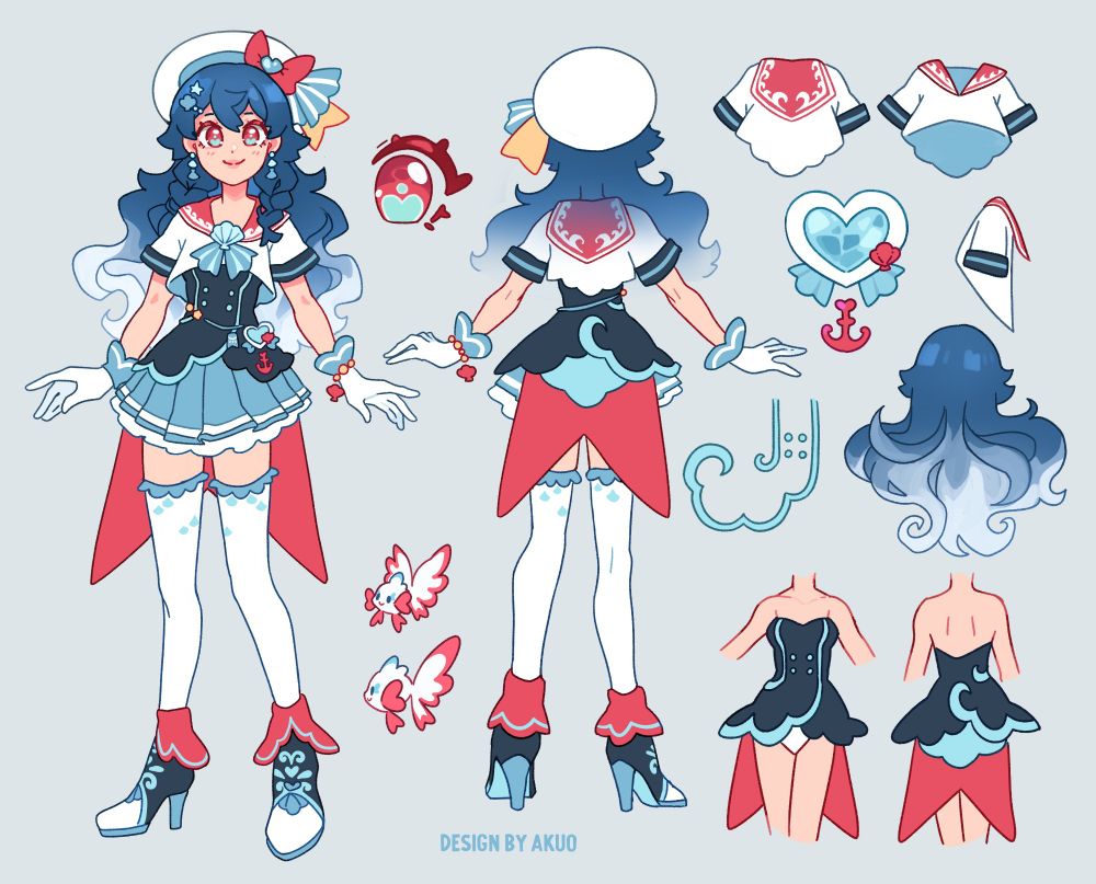 Character sheet of Umiko, a character created for the anime convention Japan Weekend. She has marine aesthetic to suit with the other 2 characters of the con. Her design is a fusion between a tailor and idol. I've used corporative colors of the event for her palette. 