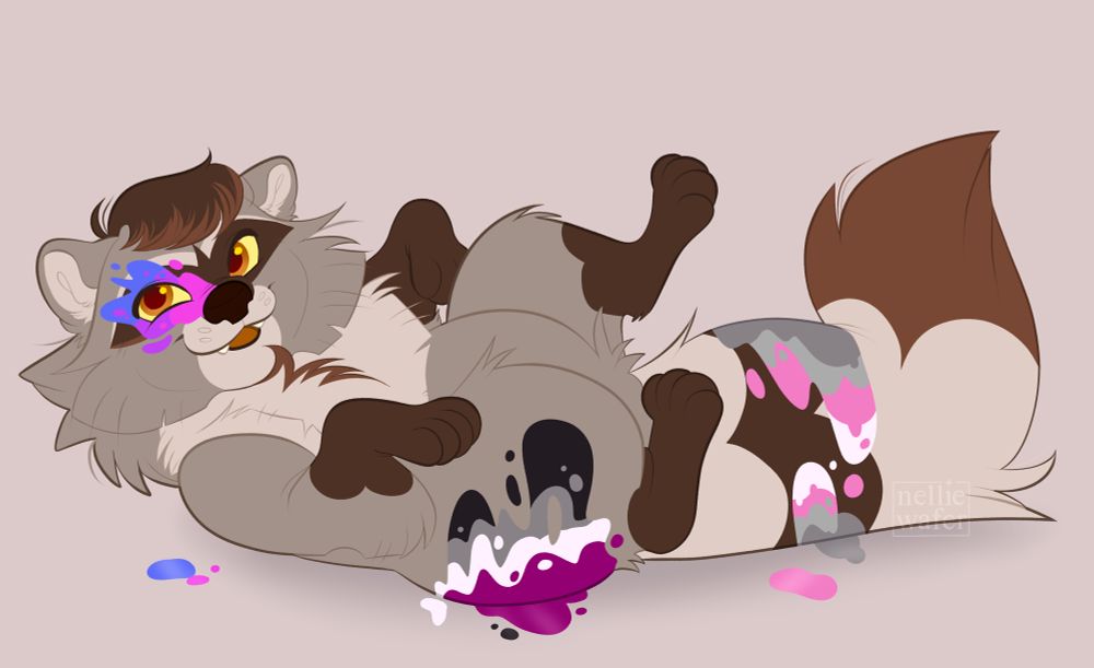 a drawing of my raccoon fursona in splashes of paint depicting the bisexual, asexual, and demigirl flag. (technically biromantic)