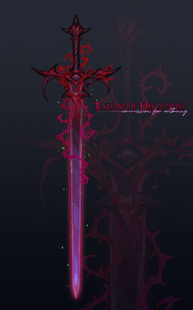 a drawing of a red and purple demon greatsword with thorny vines sprouting out of its hilt 