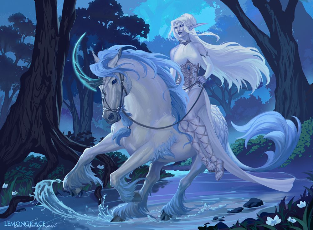 A painting of a pale white elf riding a white and blue unicorn through a magical forest at night