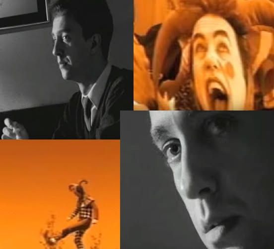Young me. Stills from the music videos for Great Big Sea's 'Going Up' (orange-toned shots of a manic jester) and Rawlins Cross's 'You Will Always Have My Love' (black and white, man sitting by himself looking wistful.)