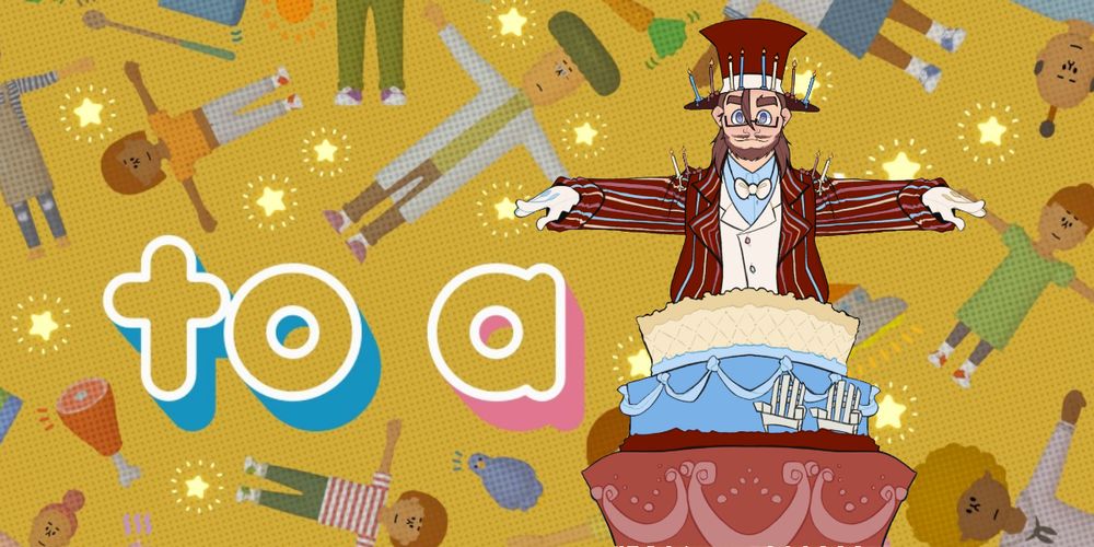 The cover of the video game 'to a T' featuring several characters on a yellow background posing to resemble the letter T. The 'T' in the title of the game is covered by Tuft E. Cake, a man in a suit and top hat with his lower half consisting of a three layer cake. Tuft E. Cake is also T-posing