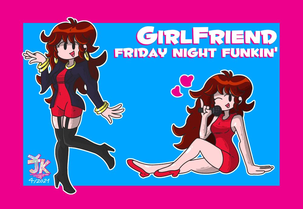 GirlFriend from Friday Night Funkin' in two versions. The first is GF with hers mom's outfit and standing with one leg and the other a little raised. the second one is GF with hers red outfit and is she's sitting and singing into the microphone.