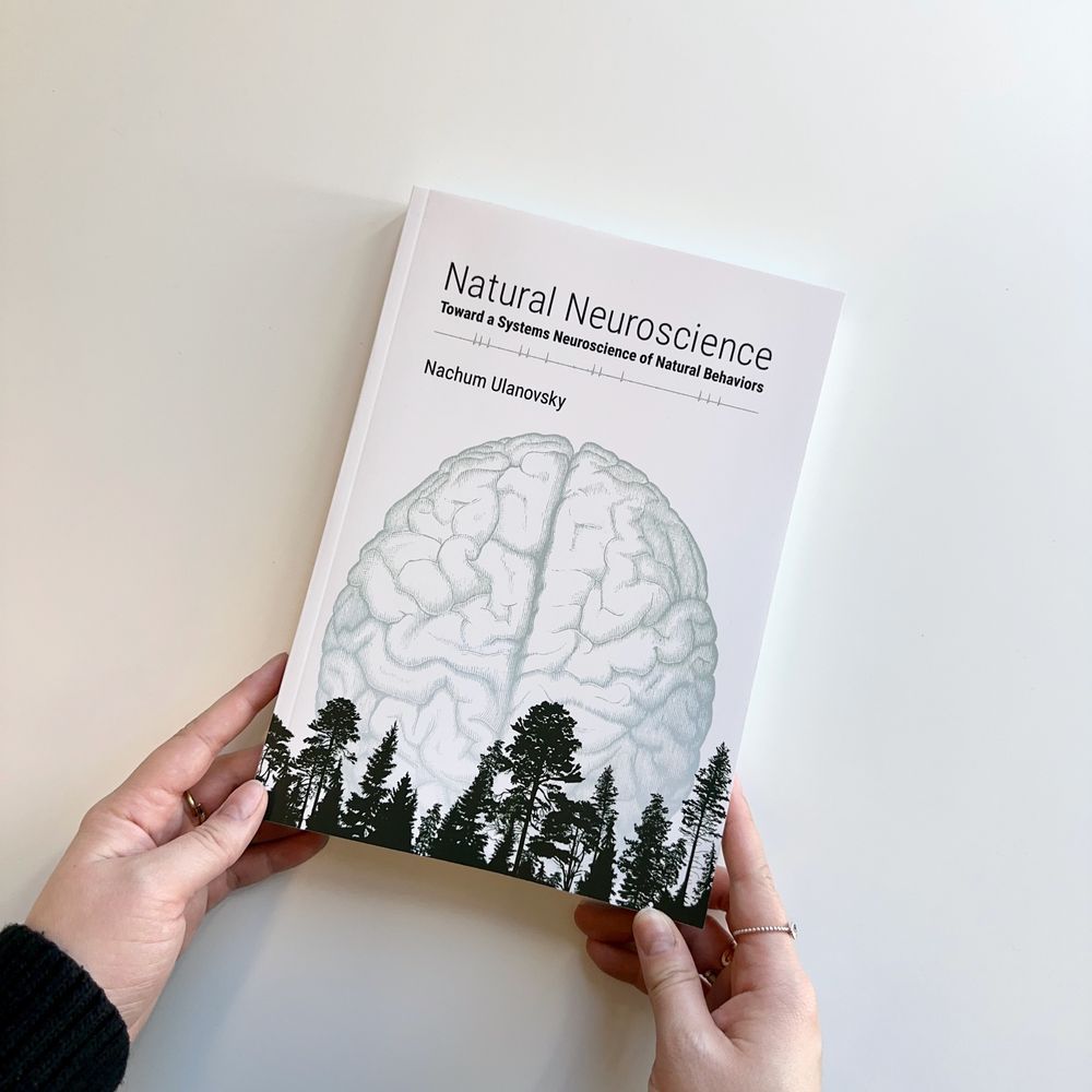 Hands holding a copy of "Natural Neuroscience: Toward a System Neuroscience of Natural Behaviors" by Nachum Ulanovsky. Along the bottom of the cover is a skyline of trees. In the background and center, a faint drawing of the brain from a birds eye view.