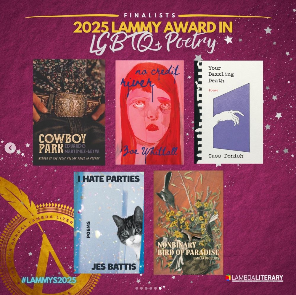 A graphic created by Lambda Literary, showing the covers of the five books that are finalists for the 2025 Lammy Award in LGBTQ+ Poetry. Behind the books, a magneta background with white stars and a golden Lambda Literary seal