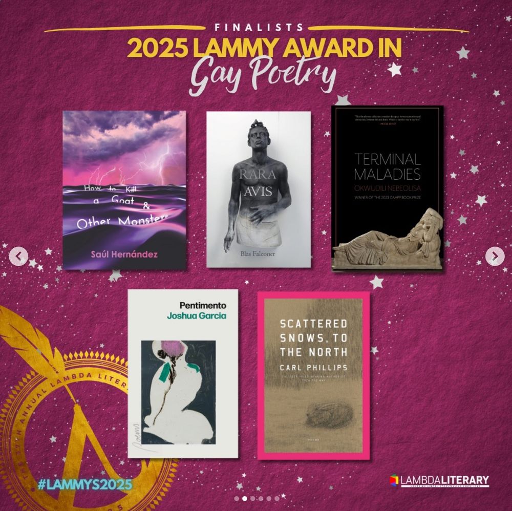 A graphic created by Lambda Literary, showing the covers of the five books that are finalists for the 2025 Lammy Award in Gay Poetry. Behind the books, a magneta background with white stars and a golden Lambda Literary seal