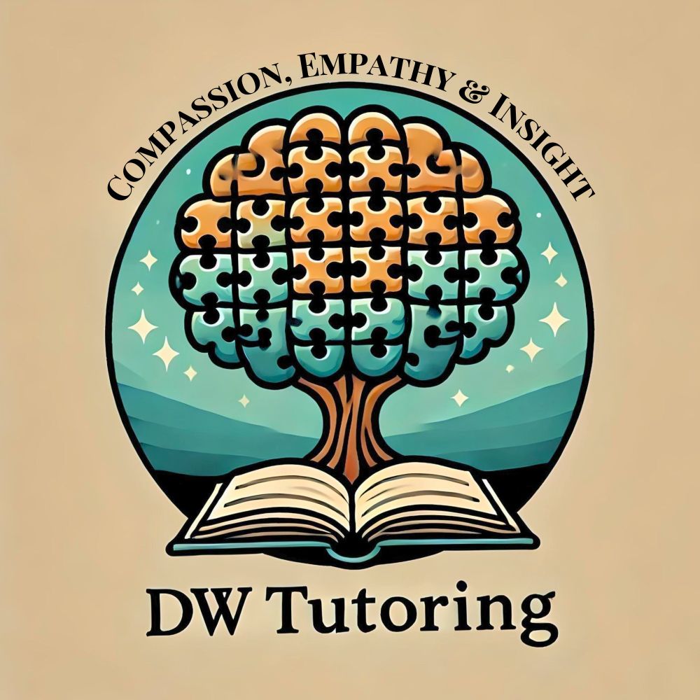 The illustration features a stylised circular design depicting a symbolic knowledge tree rising from an open book. The tree's crown consists of interlocking puzzle pieces that transition in colour, starting with a warm golden yellow-orange at the top and gradually changing to a soothing mint green below. This arrangement of colours forms a shape reminiscent of a brain. The tree's trunk is represented in rich brown tones, growing directly from the pages of a white open book at the base.

In the background, a serene landscape showcases layered hills in various shades of teal green, set against a mint green sky filled with sparkling white stars. The composition is encased in a perfect circle, symbolising unity and wholeness.

Over the top of the circle is the company's slogan, which has the words "Compassion, Empathy & Insight" written in small caps in a black serif font. The company name "DW Tutoring" is written in a larger black sans-serif font at the base.

This design beautifully combines themes of education and neurodiversity. Incorporating puzzle pieces, natural elements, and a calming colour palette creates a welcoming and inclusive visual metaphor for learning and knowledge accessibility. The rest of the background is a light tan - because the previous attempt above the transparent came out black - so I'm hoping at least one of these is working!)