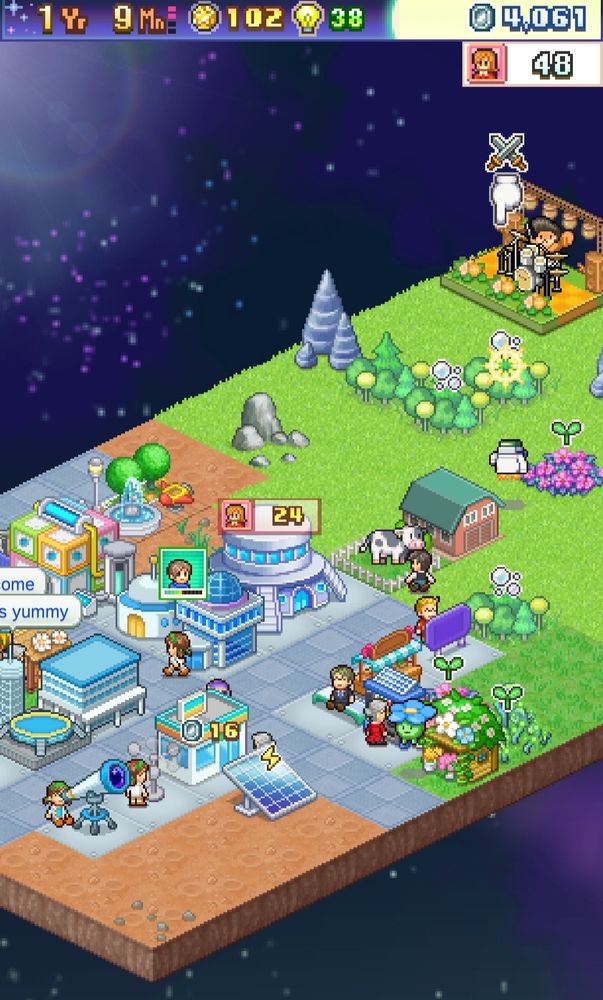 Print do jogo da Kairosoft, Final Frontier Story, um jogo 2D com arte em pixel art isométrica de uma cidade futurista em um planeta recém habitado, construções sci-fi e vegetação formam o cenário. 