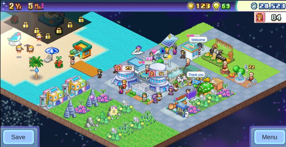 Print do jogo da Kairosoft, Final Frontier Story, um jogo 2D com arte em pixel art isométrica de uma cidade futurista em um planeta recém habitado, um assentamento sci-fi com parques, prédios recreativos, uma fazenda de recursos, do outro lado uma praia 