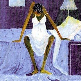 Painting of a very thin Black woman sitting at the edge of the bed with shoulders lopsided, indicating extreme exhaustion. 