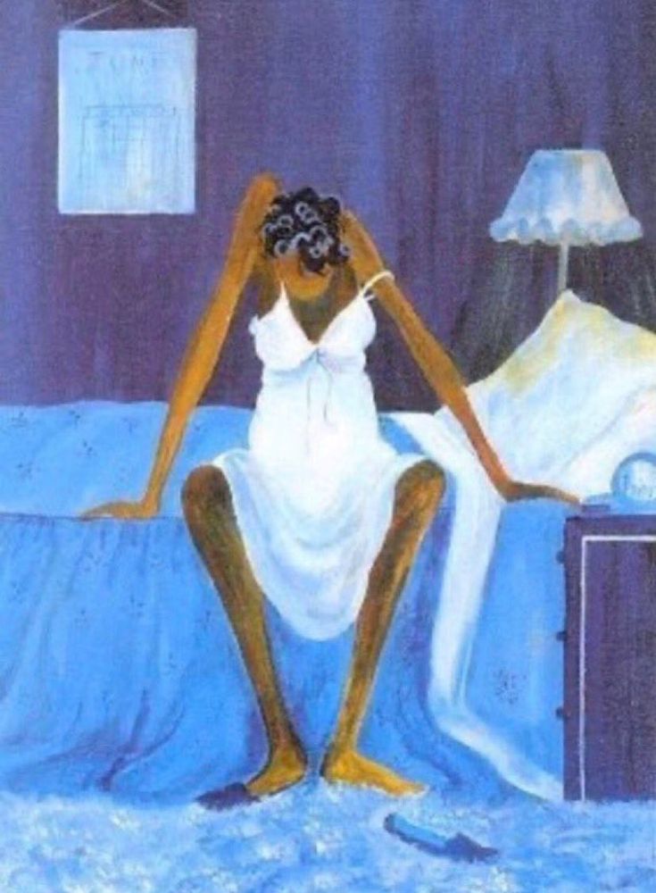 Painting of a thin Black woman sitting on the edge of the bed indicating her exhaustion. 